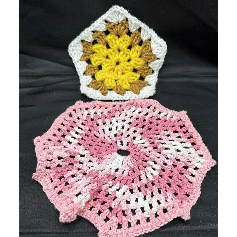 Vintage Handmade Crocheted Lot of 2 Hot Pads Pot Holders Trivets Pink White MCM